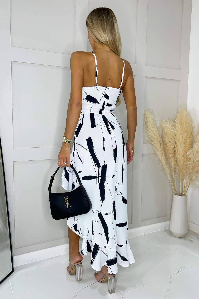 Roisa White and Black Print Frill Midi Dress